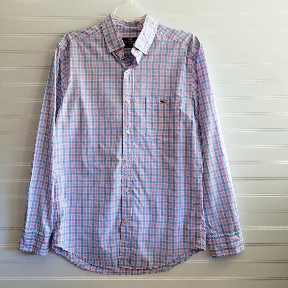 Vineyard Vines Tucker Shirt Mens Small Blue Pink Check Classic Fit Cotton Preppy